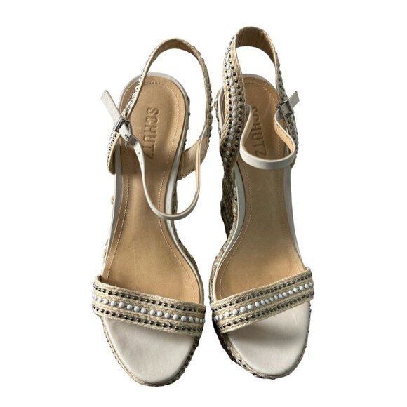 SCHUTZ Carminda Beige Espadrille Embellished Wedge Sandals Shoes Womens Size 10B - Picture 5 of 14